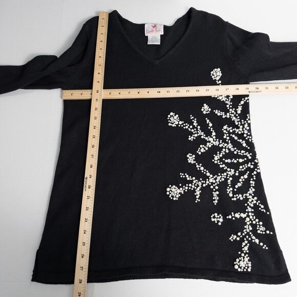 Quacker Factory Pearl Snowflake V Neck Sweater Womens Medium Black Ramie Cotton - Picture 4 of 16